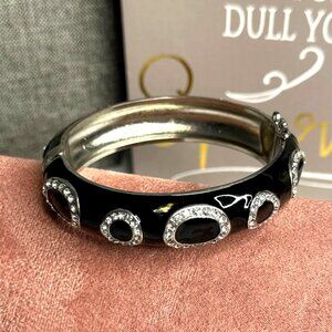 Black Enamel & Rhinestone Oval Design Bangle Bracelet By Lia Sophia Silver-tone